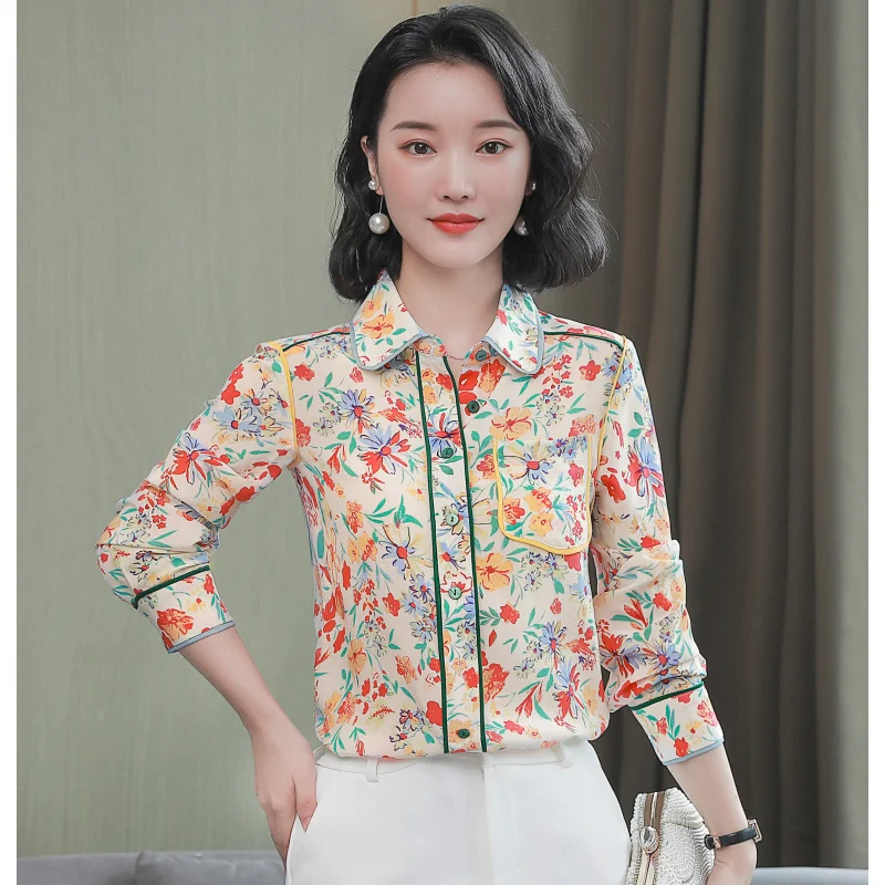 

Spring Long Sleeve Shirt Design Sense 100% Mulberry Silk French Style Blous