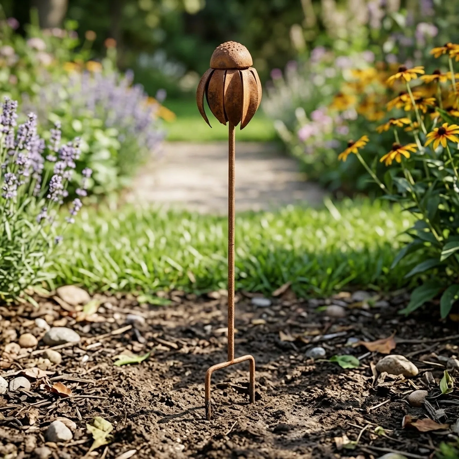 Echinacea-Themed Iron Stake for Garden For Lawn Porch Pathway Patio Decoration with Rustic and Outdoor Suitability
