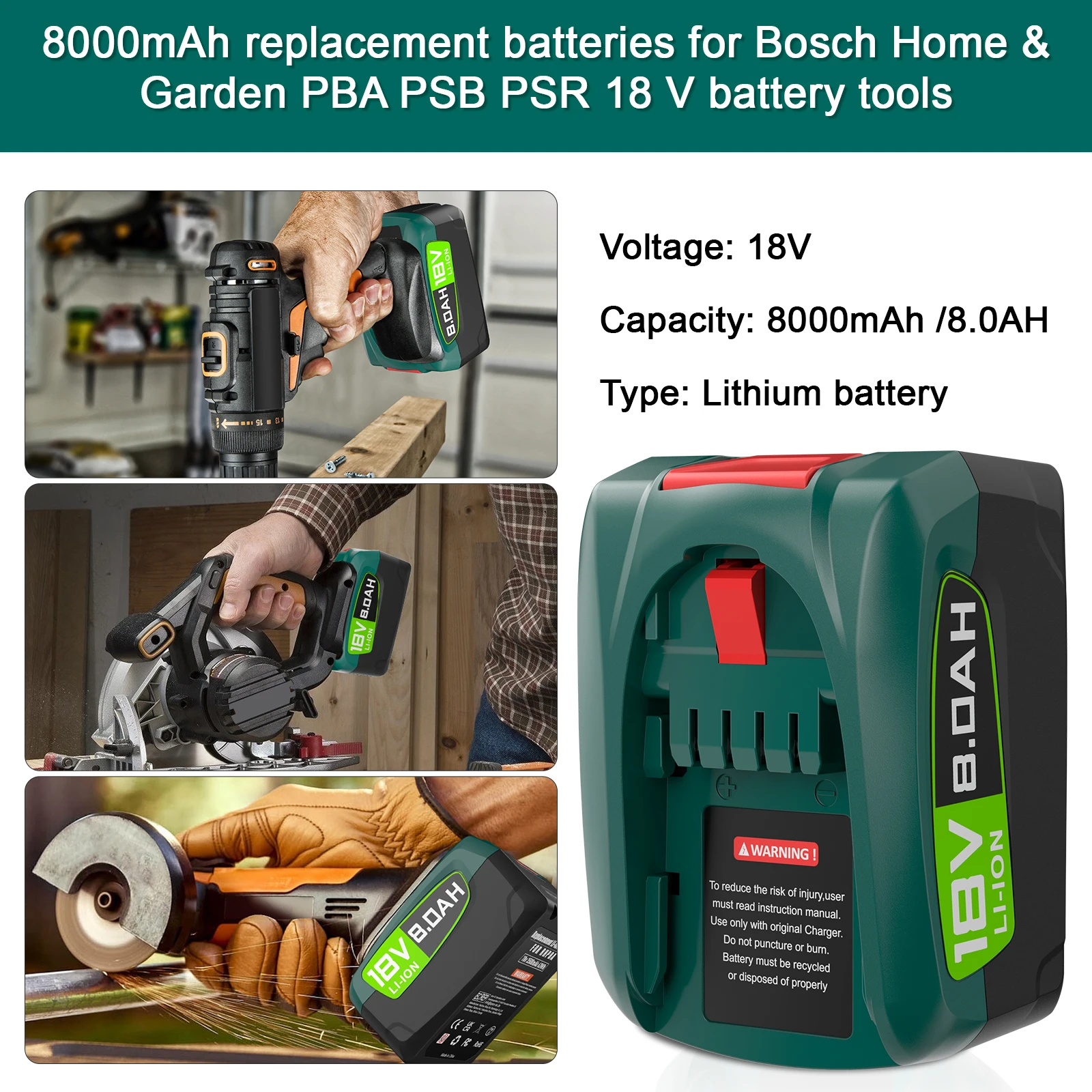 High Capacity 8000 mAh 18V Replacement Battery For Bosch PBA PSB PSR Battery for 18 V Green Tools Home and Garden 18 V System