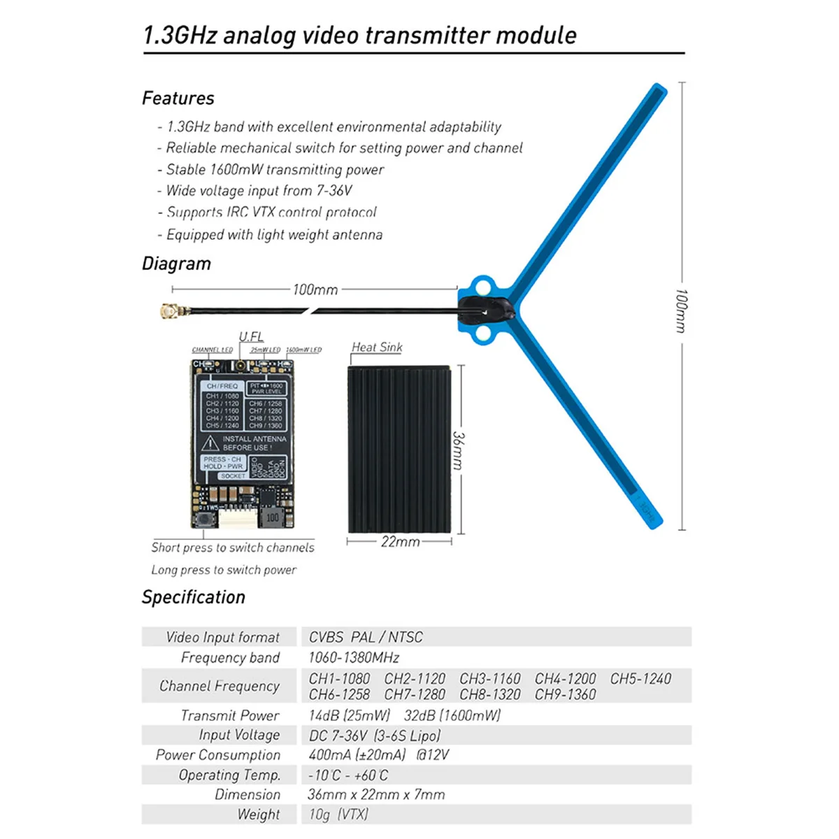 1.2GHz 1.3GHz 1.6W VTX 9 Channel Audio Video FPV Transmitter 1600MW 7-36V for RC FPV Long Range Airplane Drone