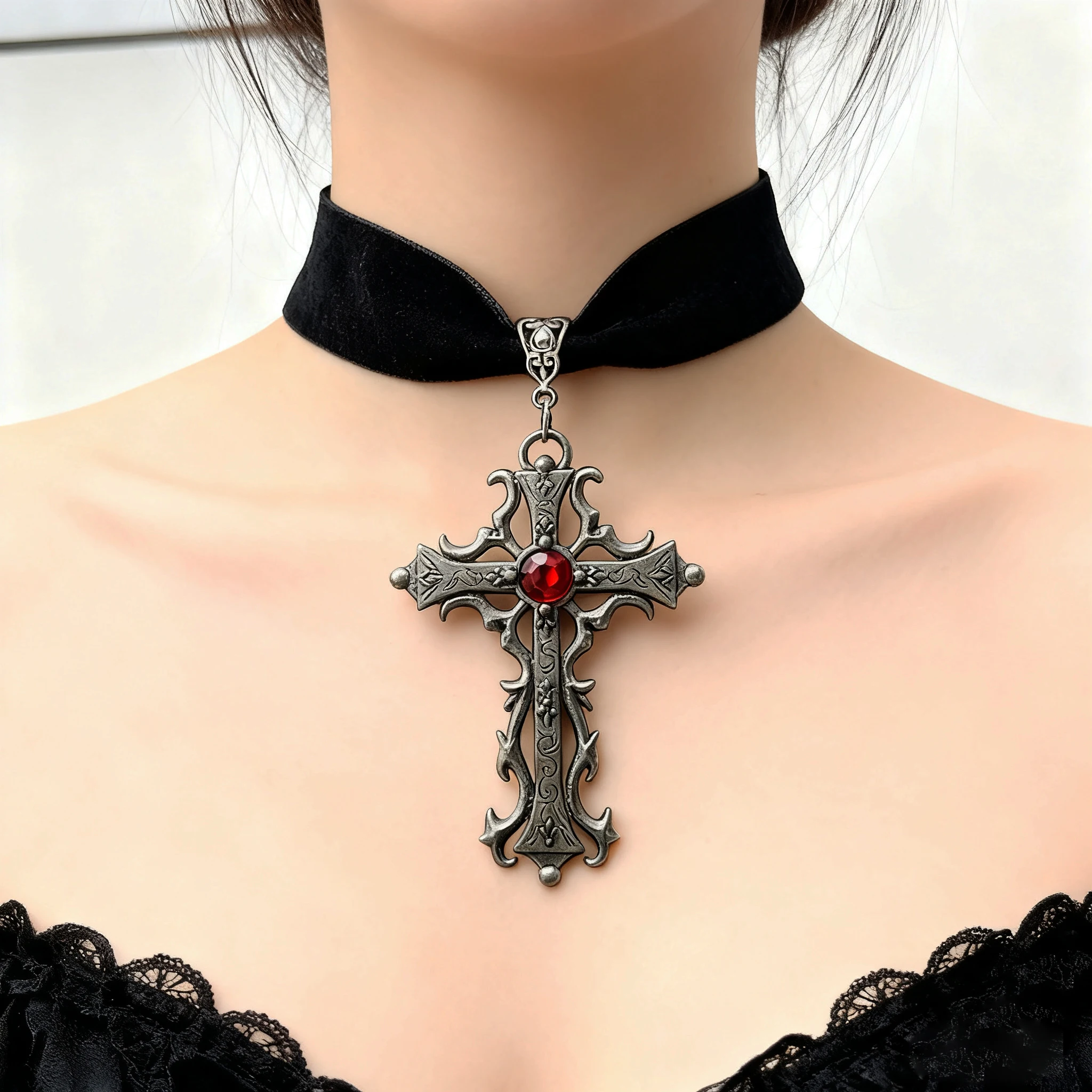 1 piece Gothic New Charm Goth Large Cross Pendant Necklaces Black Velvet Adjustable Pendant Jewelry Gift for Women