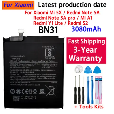 Phone Battery BN31 For Xiaomi Mi 5X Mi5X Redmi Note 5A/Pro Mi A1 Redmi Y1Lite S2 3080mAh Batteries With Free Tools