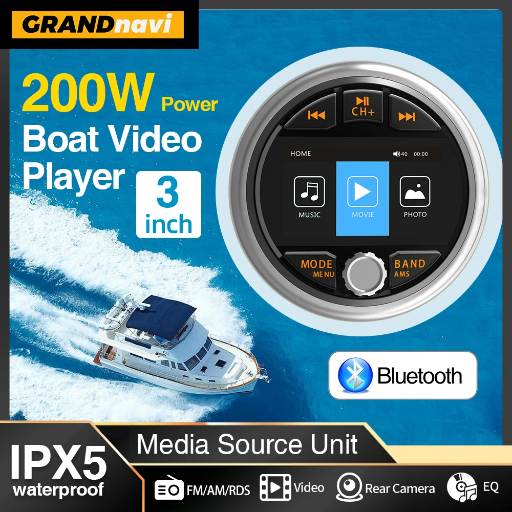 GRANDnavi MP5 Marine Stereo Waterproof IPX5 Boat Radio Player Bluetooth FM AM RDS Audio For Yacht Gauge ATV UTV Cart Motorcycle