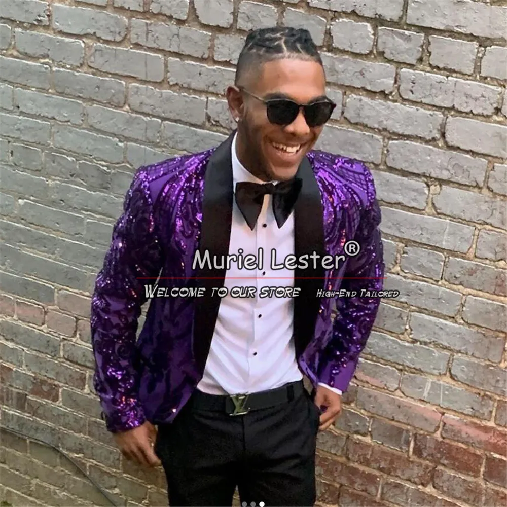 Sparkly Purple Suits Men For Wedding Custom Made Single Breasted Jacket Pants 2 Pieces Prom Blazer Terno Masculinos Completo