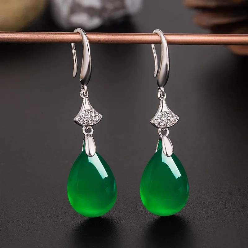 Natural Green Jade Chalcedony Water Drop Earrings 925 Silver Carved Charm Jadeite Jewelry Fashion Amulet for Women Gifts