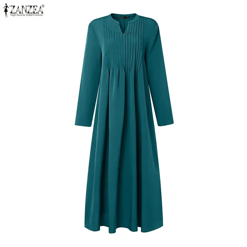 ZANZEA – robe longue pour femmes, col en v détaillé, manches longues, couleur unie, décontractée, ample, ligne a, vêtements pour femmes, printemps 2026