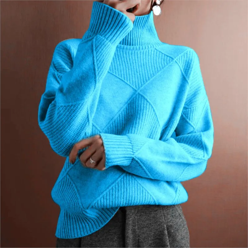 

Women New Turtleneck Knitted Loose Sweaters Autumn Winter Solid Long Sleeve Pullovers Spliced Lozenge Sweater Lady Outwear
