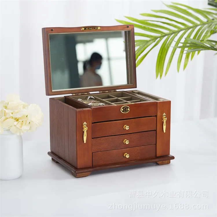 صندوق مجوهرات من الخشب الصلب مع قفل صندوق مجوهرات بباب مزدوج #1