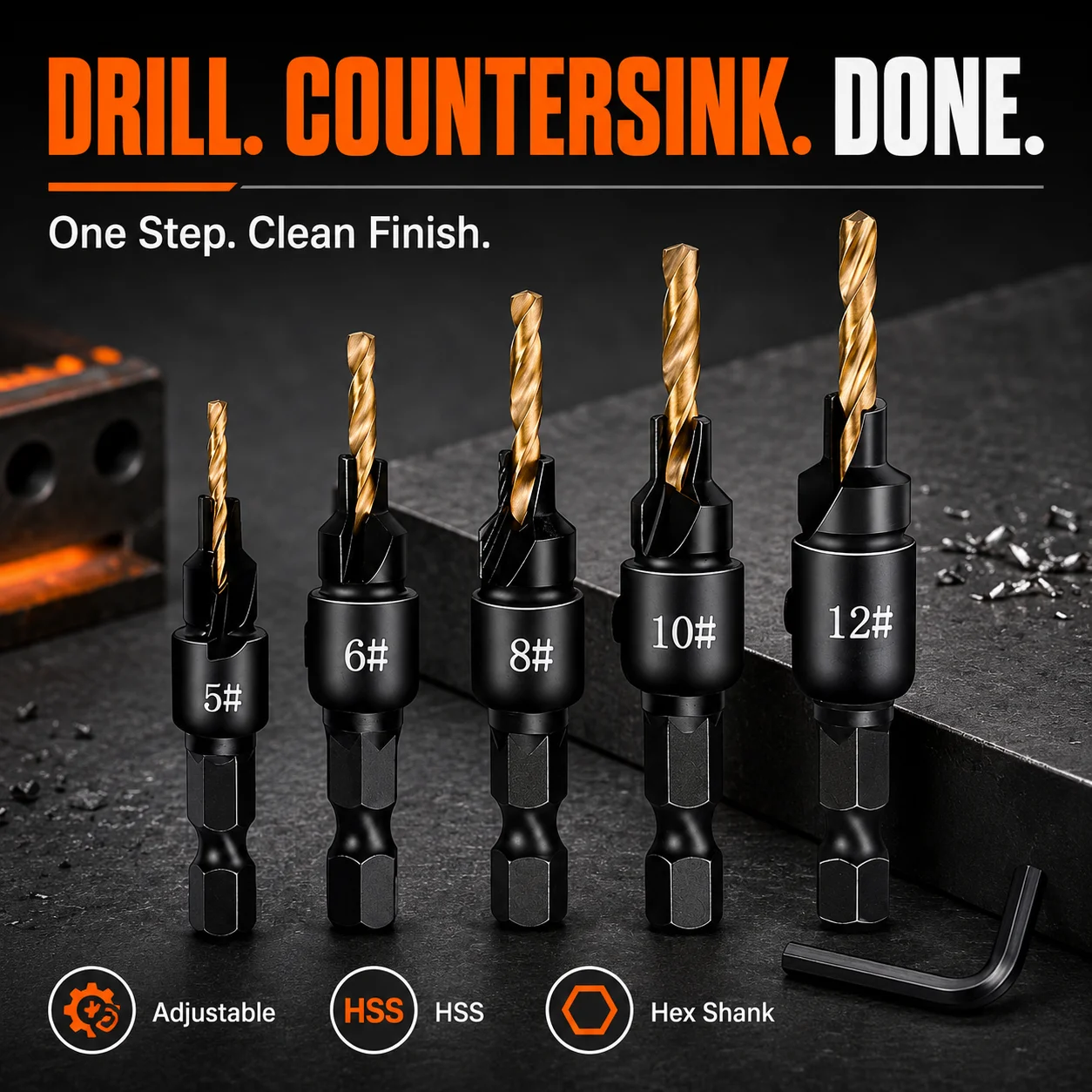 5Pcs Adjustable Countersink Drill Bit Set, Hex Shank Screw Countersinking Bits for Wood, Plywood, PVC, Aluminum DIY Woodworking