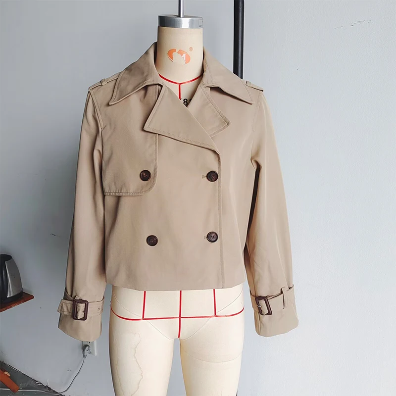 Mantel lengan panjang wanita, jaket Windbreaker kerah Lapel pendek berkancing dua baris, mantel musim gugur untuk perempuan