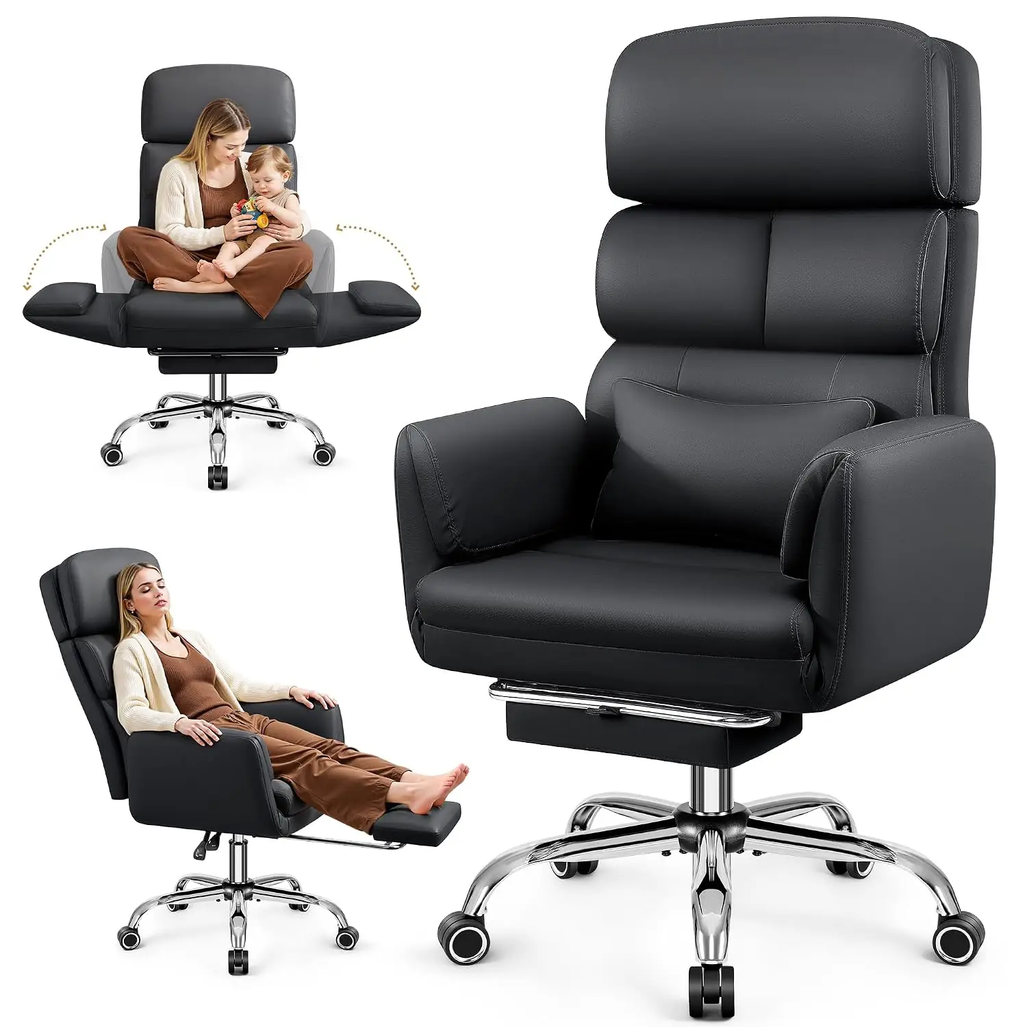 Big & Tall Office Chair 500LBS, Ergonomic High Back Leather Executive Reclining Swivel Adjustable Armrests Lumbar Support Footre