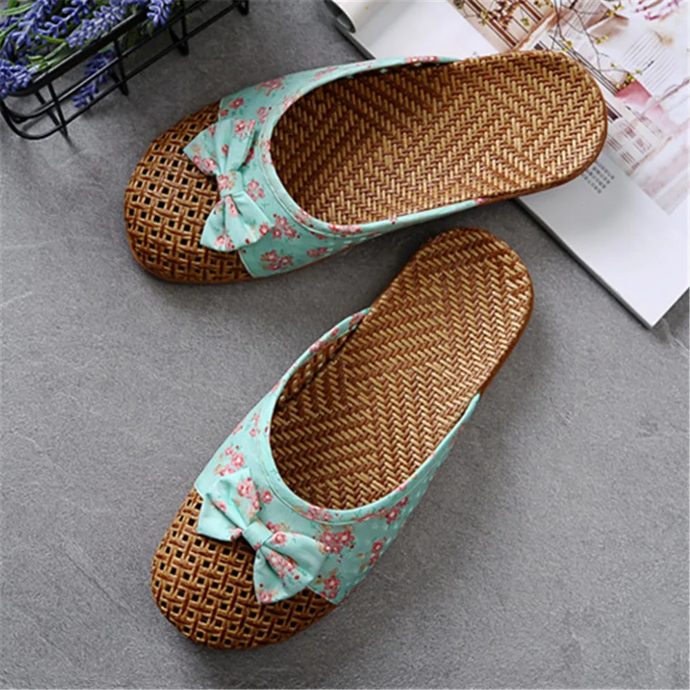 Summer Shose Women Slippers Beach Flip Flops Breathable Linen Flat Slippers Female Casual Flax Bow Ladies Slippers Sandals Shoes