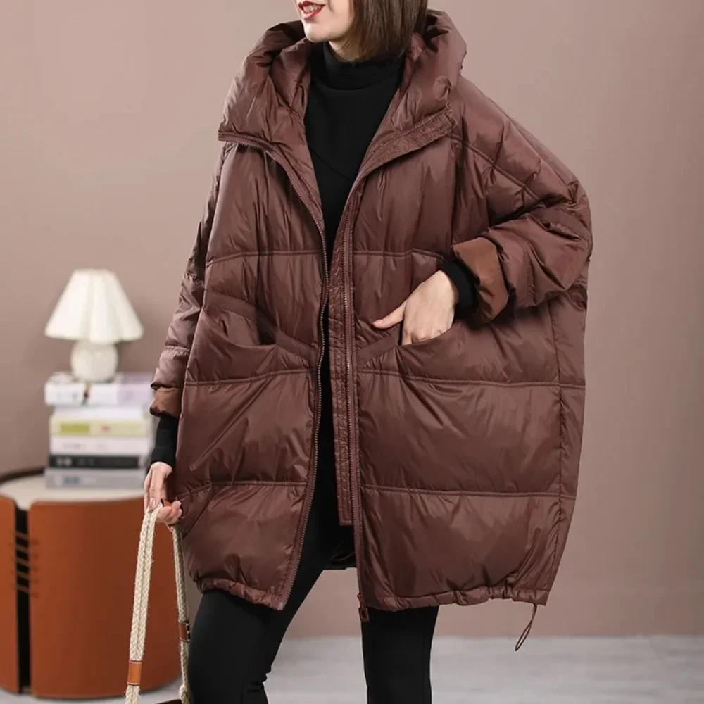 White Duck Down Loose Jacket with Hood Female Thick Warm Outwear Casual Over Size Patchwork Coats 2024 New Winter Women