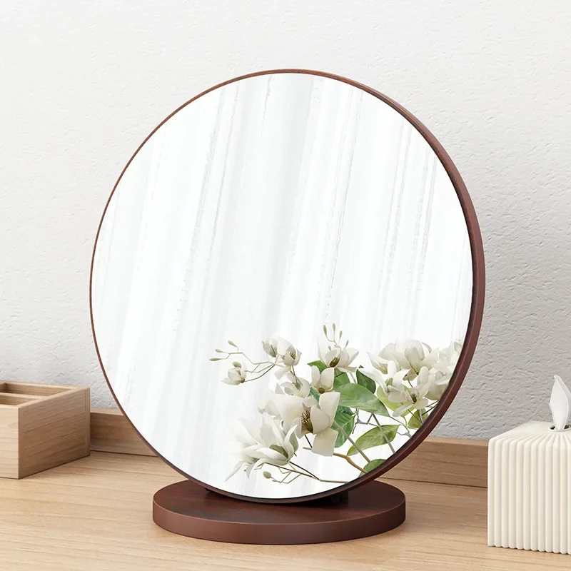 High Definition Mirror Simple Desktop Round Mirror Portable Makeup Mirror for Dormitory Wooden Retro Decorative Accessory