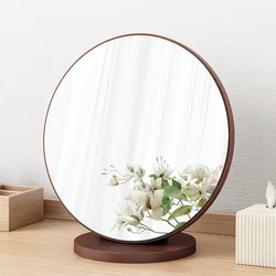 High Definition Mirror Simple Desktop Round Mirror Portable Makeup Mirror for Dormitory Wooden Retro Decorative Accessory