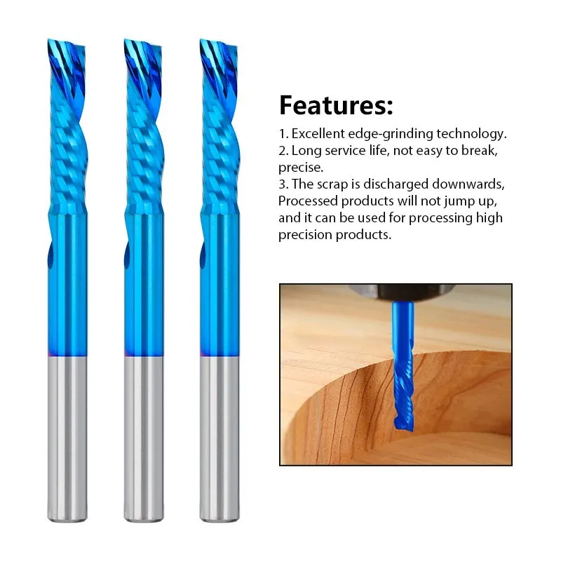 End Mill Single Flute Left Hand Milling Cutter 3.175/4/6/8/10/12mm Shank Nano Blue Coated Carbide CNC Router Bits Down Cut