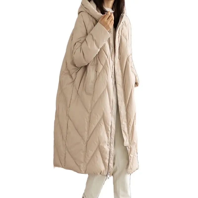 Women 90% White Duck Down Long Jacket with Hood Casual Loose Over Size Winter Warm Outwear High Quality 2022 New