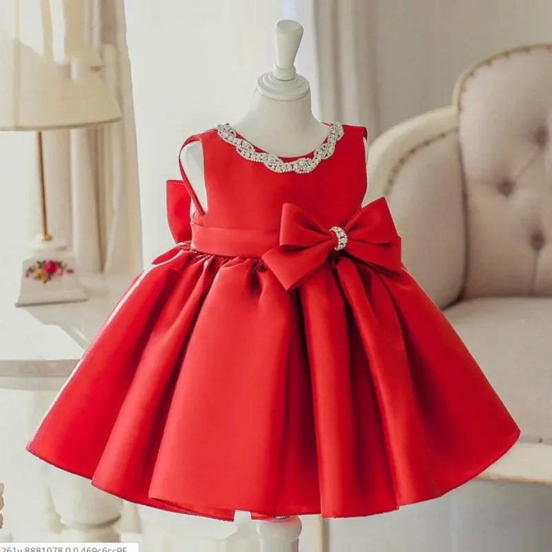 Newborn Baby Girl Dress Sequin Red Lace Tulle Baby Christening Party Princess Gown Bow 1 Year Birthday Dress Infant Baptism Gown