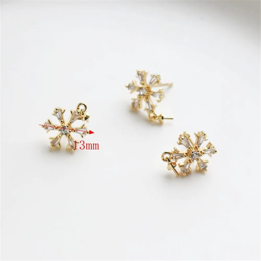 14k Gold Inlaid Zircon 13mm Snowflake Belt Needle Earrings, Earneedle Necklace, Bracelet DIY Jewelry Earrings