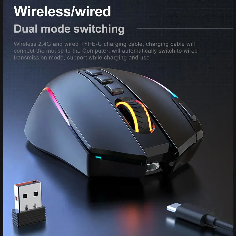 X-11 RGB USB 2.4G, Mouse Gaming tanpa kabel 4000 DPI 9 tombol dapat diprogram ergonomis untuk Gamer PC komputer