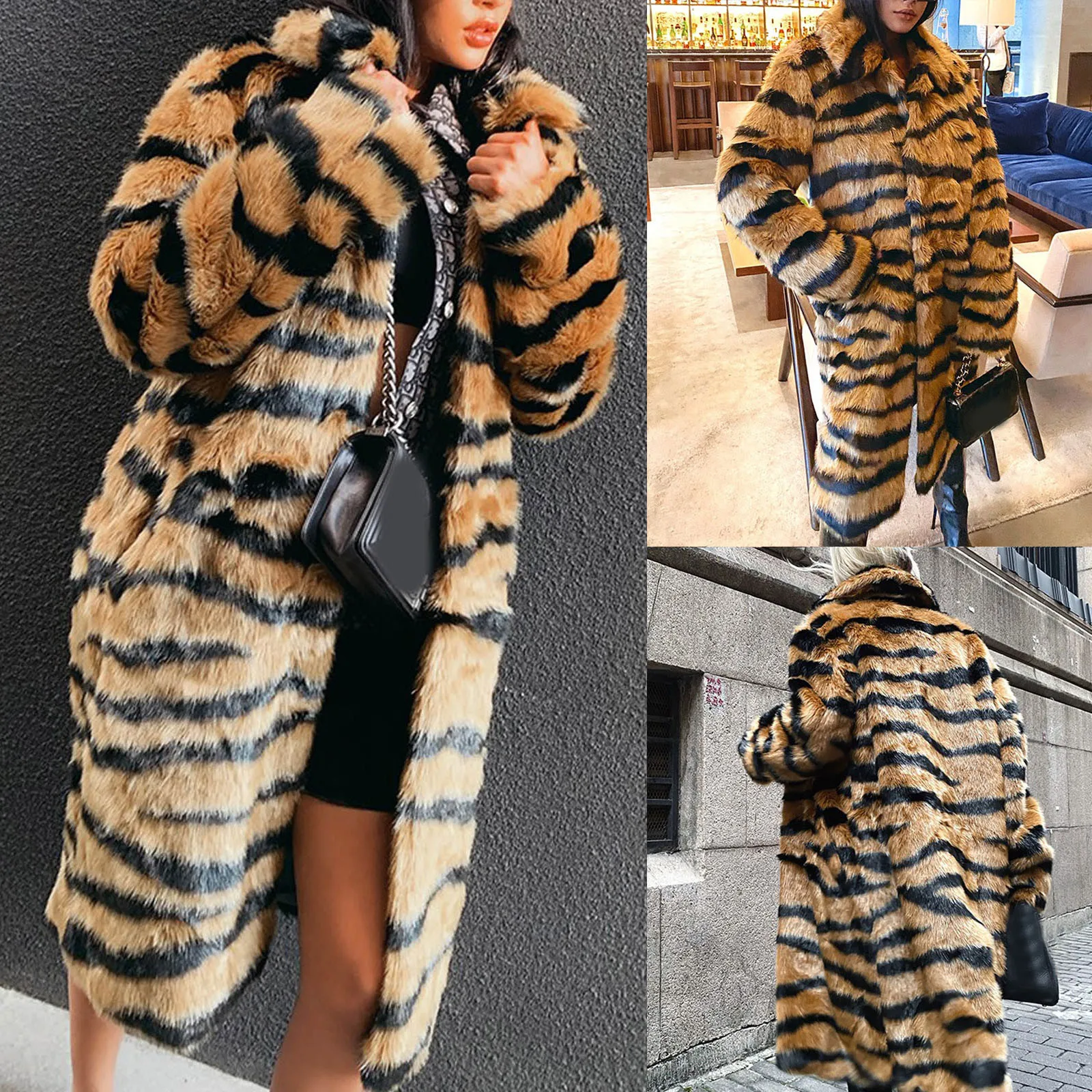 Tiger Print Fleece Jacket Womens Warm Long Sleeve Leopard Print Overcoat Faux Fur Outwear Thicken Korean Blazer Winter Coat