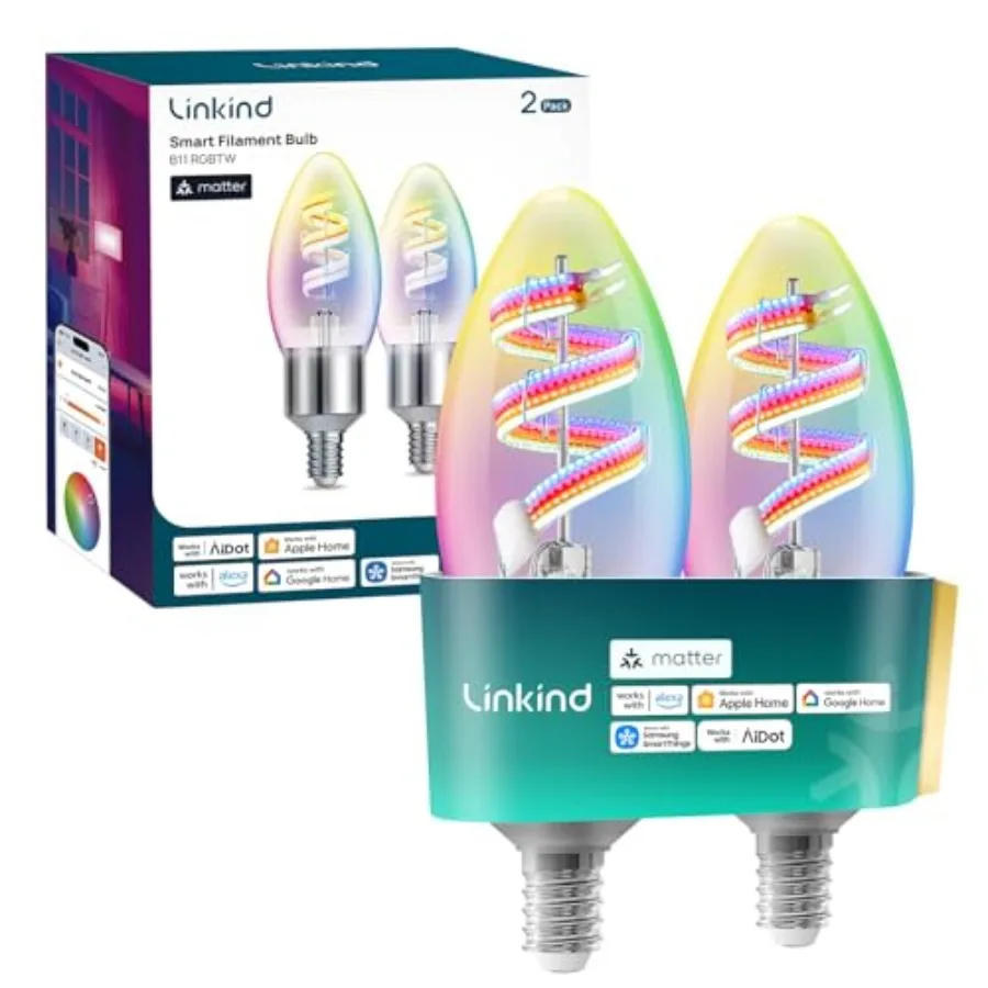 Matter Smart Bulbs, E12 Led Edison Bulb, Smart Filament Bulbs, WiFi Candelabra B11 Bulbs, RGBTW Color Changing Light Bulb, FCC