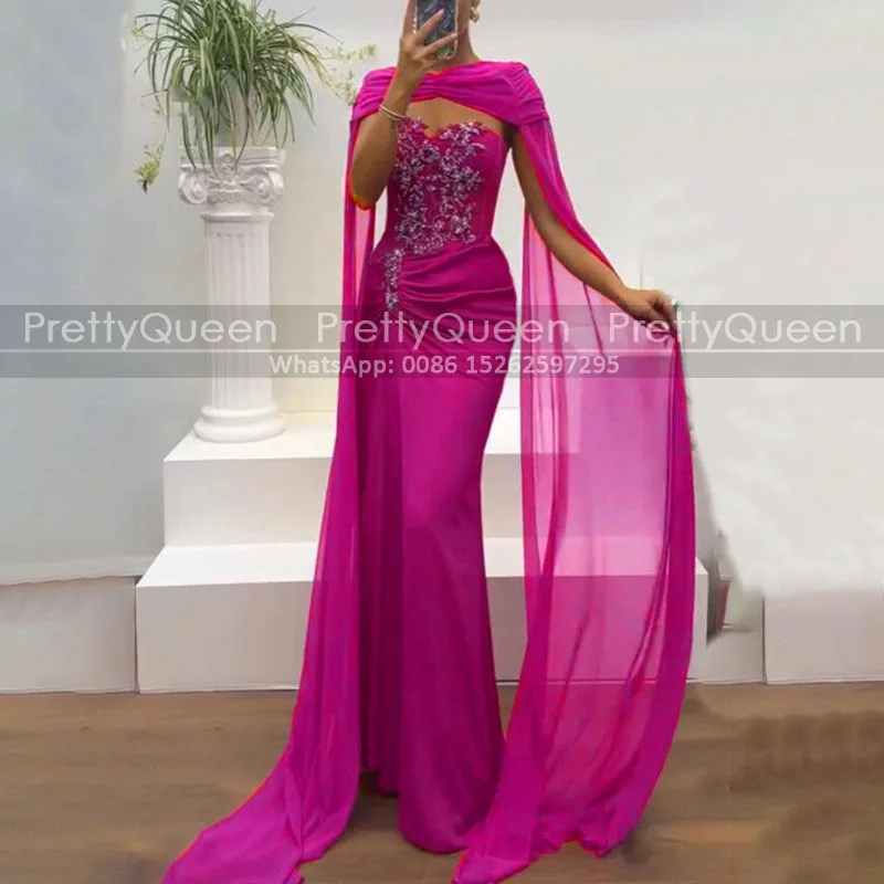 Cape plissée sirène robes de bal personnalisé perles Appliques longue rose vif en mousseline de soie gaine robe de soirée pour les femmes longueur de plancher