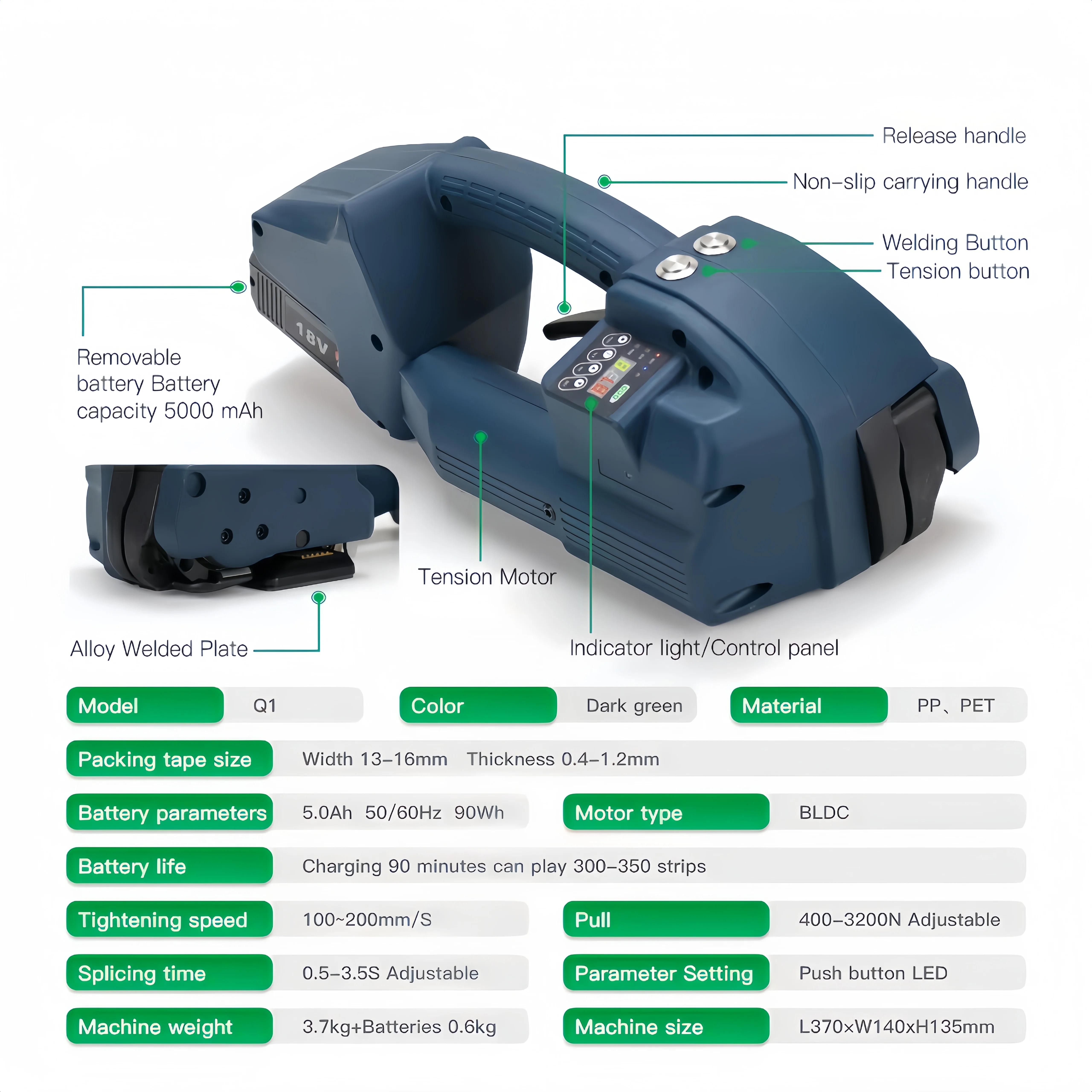 Q1 Brushless Motor Electric Strapping Machine 18V Battery Powered Portable Handheld PET PP Banding Tool For Heavy Packaging