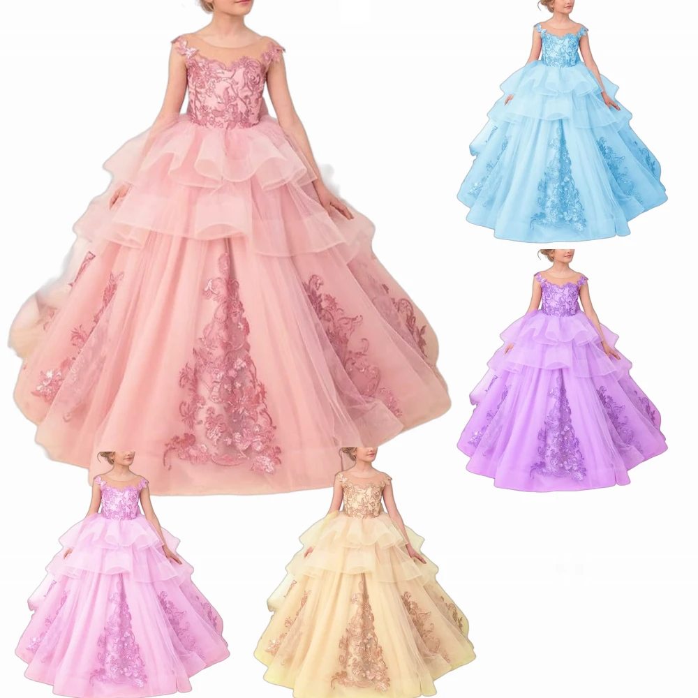 

Luxurious Pink Color Flower Girl Dress Wedding Color Lace Appliqued Ruffle Layering Tulle Kids Gift First Communion Ball Gown