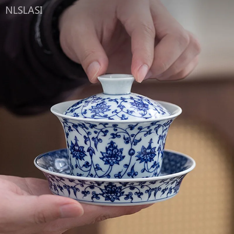 

Изысканный сине-белый фарфоровый чайный набор Gaiwan, высококачественный керамический чайный набор, китайский домашний красивый чайный инфузор с крышкой, чайная чашка