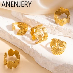 ANENJERY Stainless Steel Leaf Feather Butterfly Open Ring for Women Simple Personality Jewelry Gifts Wholesale