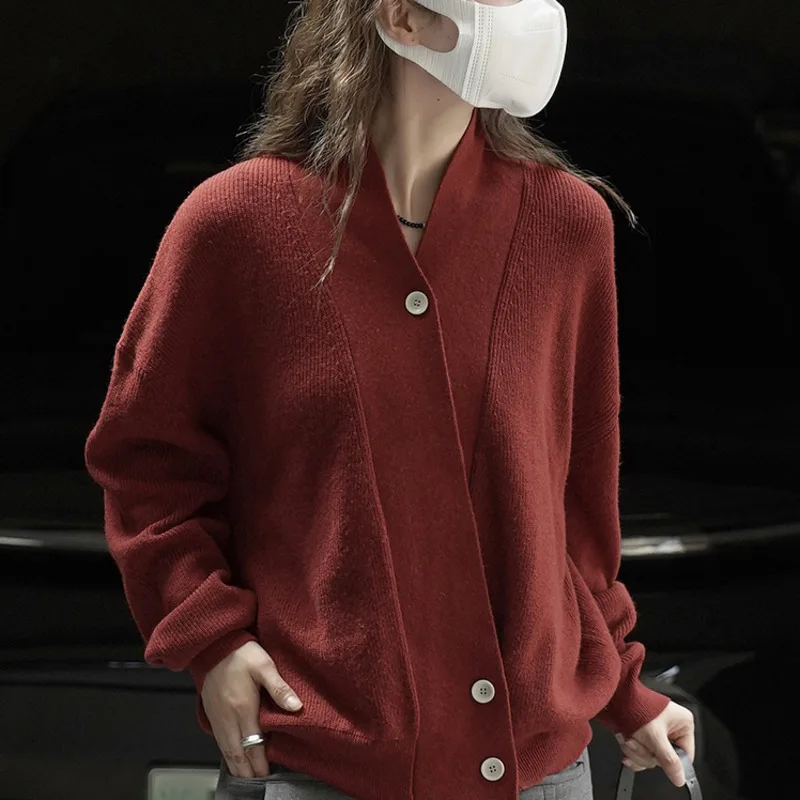 HKSH Women Sweater Korean Style Trend V-Neck Solid Color Casual Design Niche Loose Slim Wool Knit Cardigan Autumn Winter HK26243