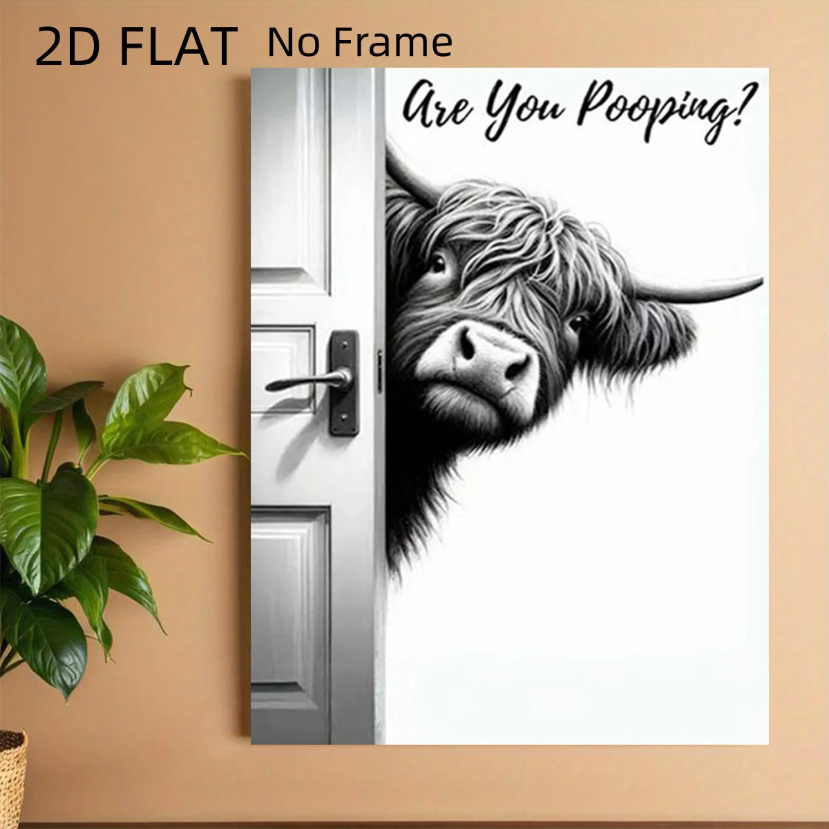 2D Flat, 1pc, 2D Flat Canvas Print Without Frame, Black and White Illustration of a Longhorn Bull Peeking Out from a Door Gap