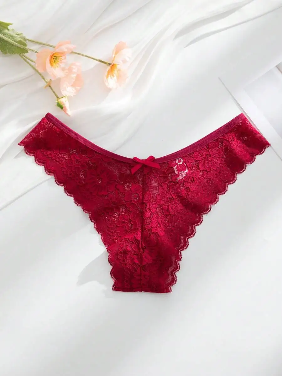 

Womens Red Lace Bikini Underwear With Bow Decoration