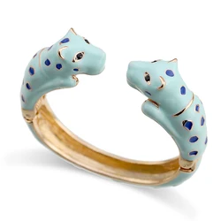 Unique Design Double Leopards Sweet Colorful Cuff Bracelet for Women Girls Gold Plated Fashion Bangle Party Prom Jewelry Gift