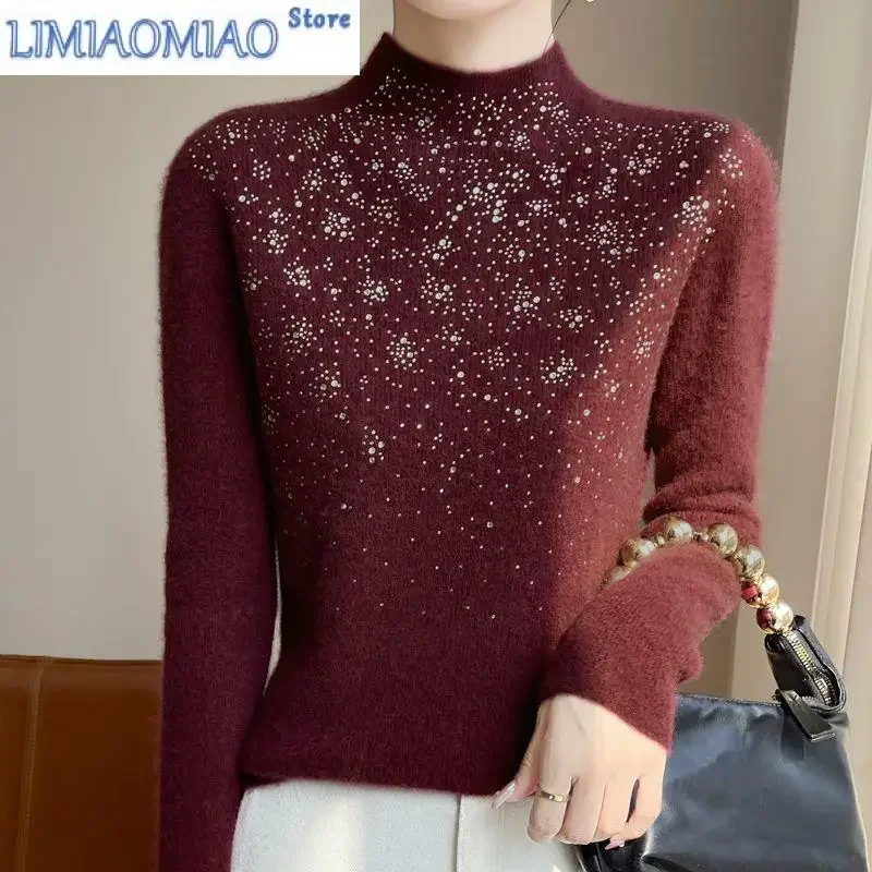

Office Lady Solid Color Pullover Sweater Knitted Women Clothing Fashionable Half High Collar Rhinestone Autumn Winter Tops
