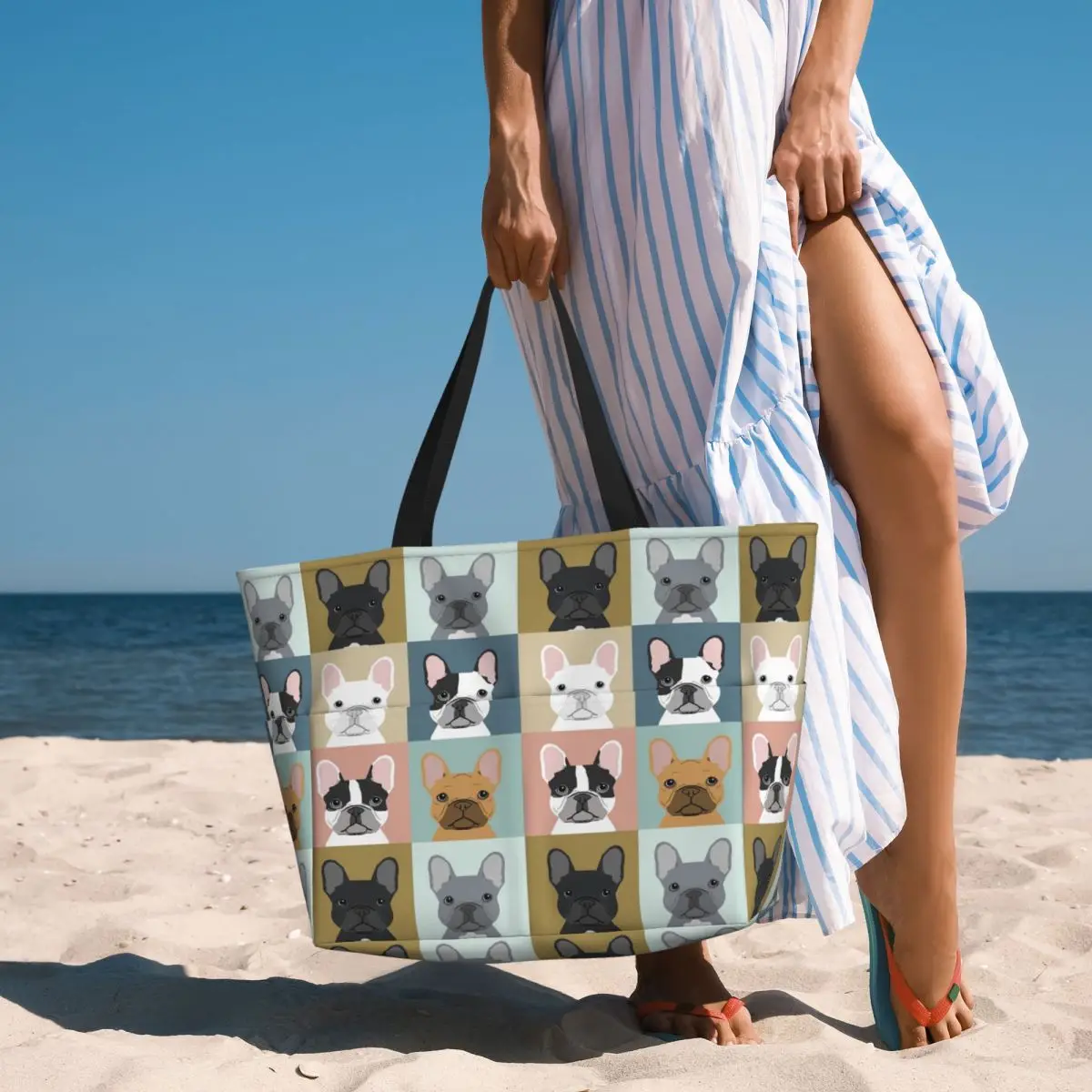 Custom French Bulldog Portraits Pattern Beach Tote Bag Women Extra Large Gym Carry On Frenchie Dog Lover Travel Shopping Bags