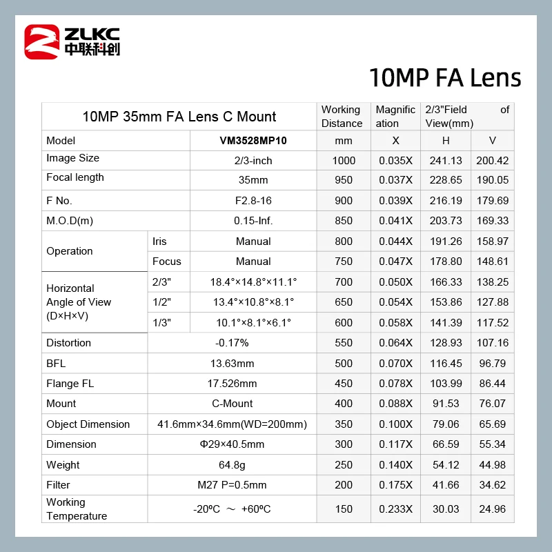 ZLKC 10MP 5MP 35mm F2.8 2/3" FA Fixed Focal Lenth Manual Iris high-resolution C Mount Lens Machine Vision Low Distortion Compact