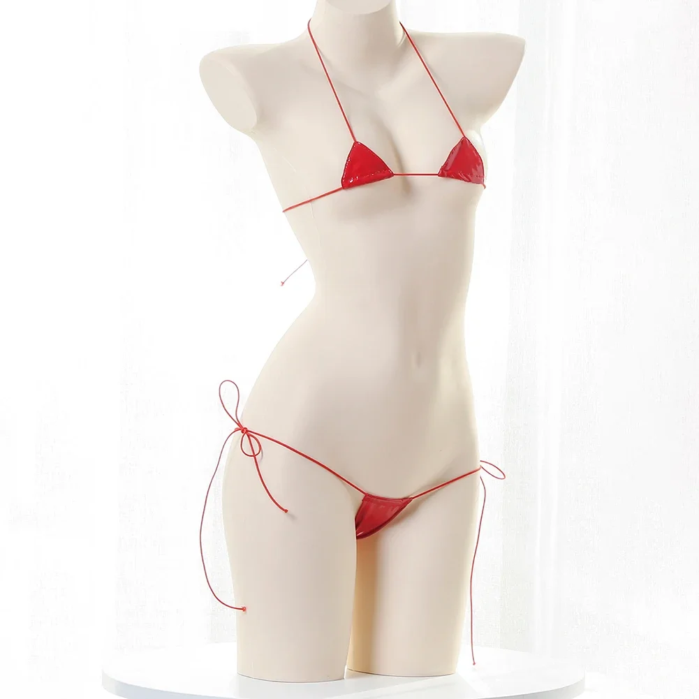 Lencería Sexy para mujer, sujetador de Bikini con trasero expuesto, Tanga transpirable, aspecto húmedo, charol, secado rápido, Halter de cuero, encaje erótico para mujer
