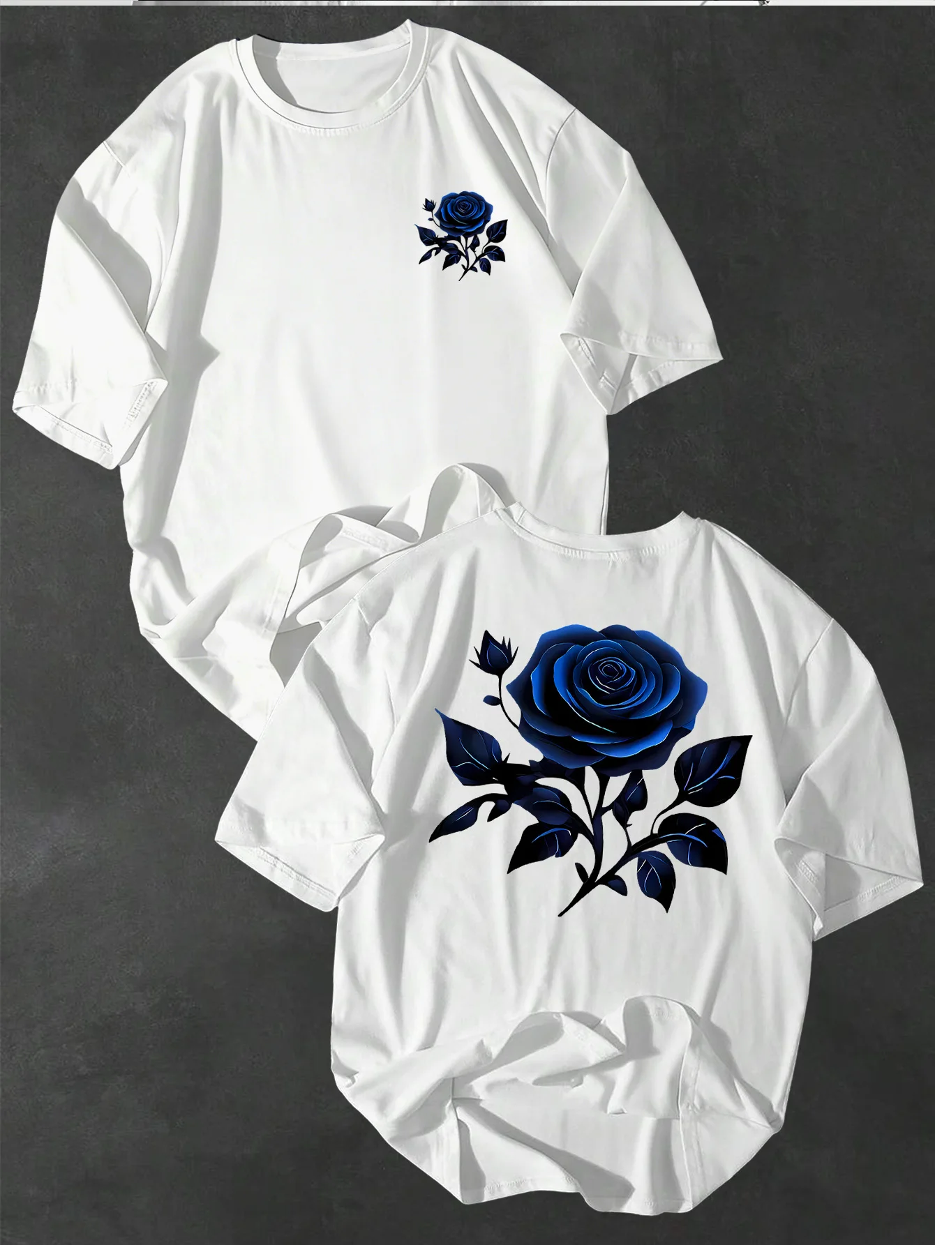 Stylish men's T-shirt with blue rose print, casual, comfortable, loose fit, versatile, simple street style.