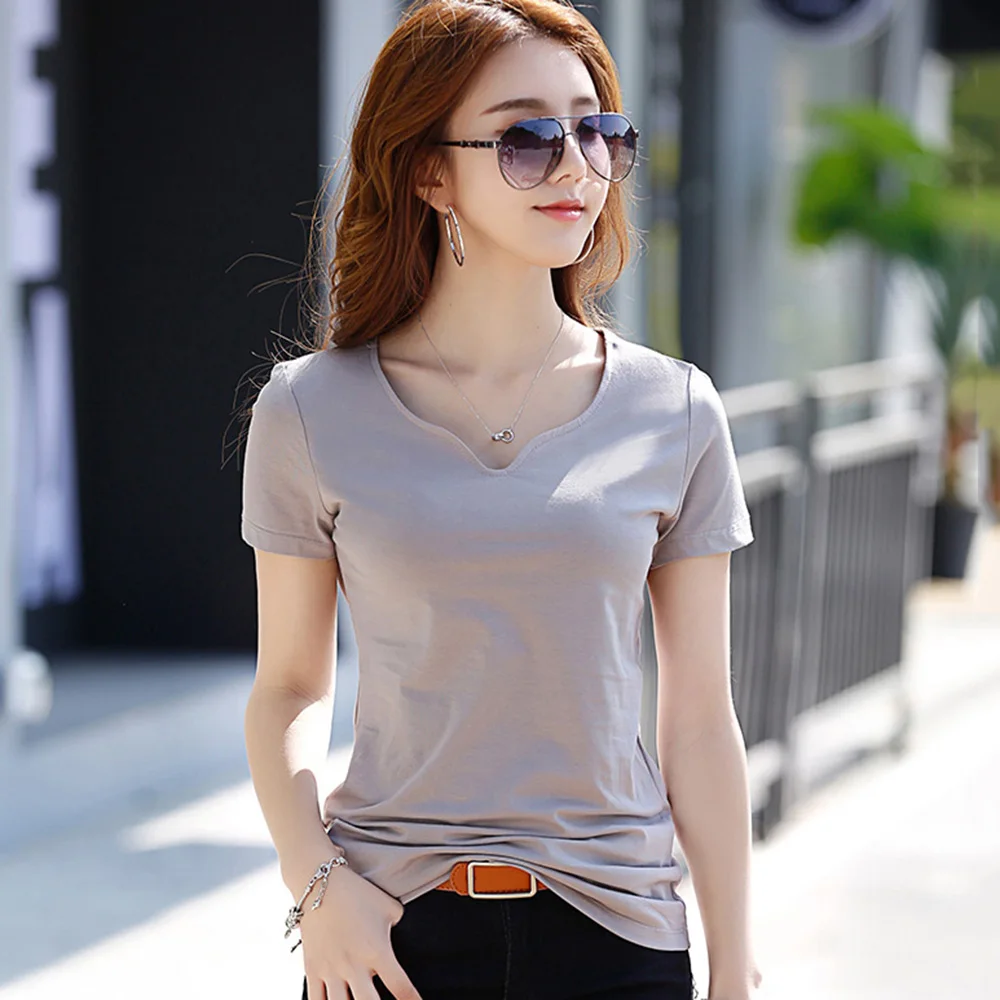 New Women Short Sleeve T-shirt Summer Fashion Chic V-Neck Cotton Stretch Tees Tops Casual Simplicity Basic Slim T-shirt Apricot