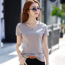 New Women Short Sleeve T-shirt Summer Fashion Chic V-Neck Cotton Stretch Tees Tops Casual Simplicity Basic Slim T-shirt Apricot