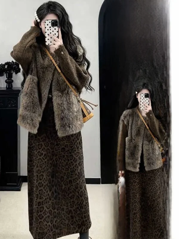 

plus Size American Leopard Print Knitted Sweater Skirt Thi Warm Fur Vest Tee Piece Set Women's Faion Winter Outfit