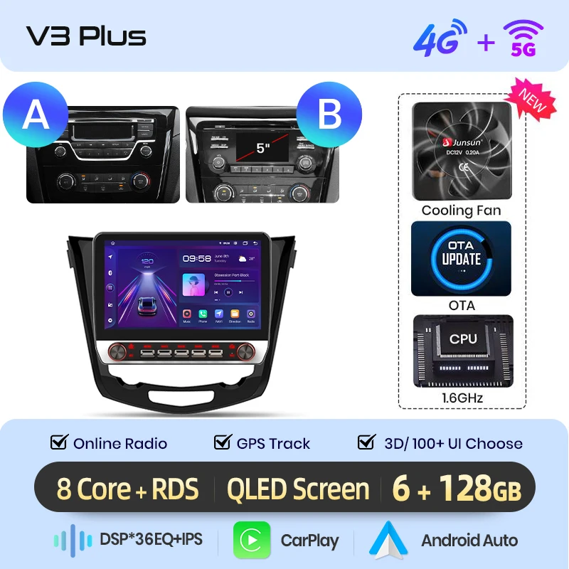 Junsun 13.1″ QLED Draadloze CarPlay Android Auto Autoradio Voor Nissan Qashqai 2 X-Trail T32 2013-2017 Intelligente Systemen DSP SWC