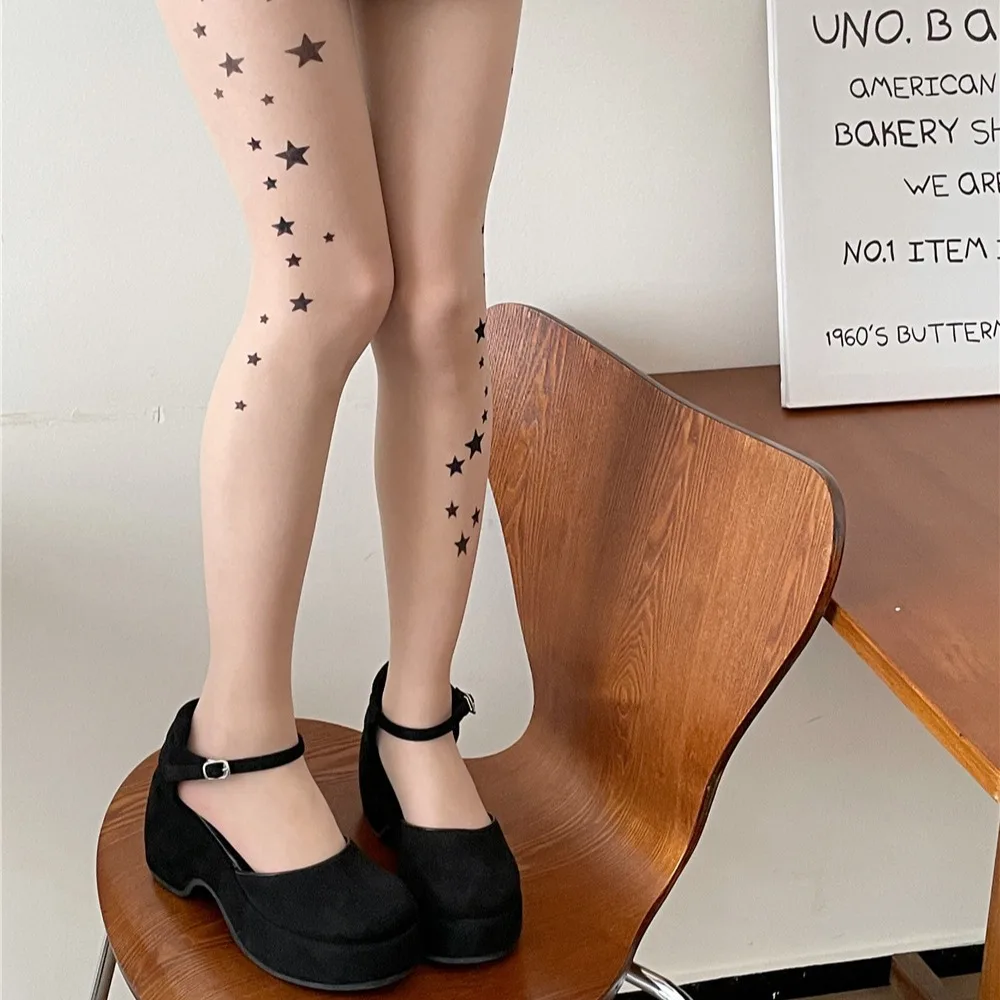 Y2K Star Printed Silk Stockings Japanese Kawaii Cat Tattood Print Pantyhose Lolita JK Tights Gothic Cosplay Party Tights Socks