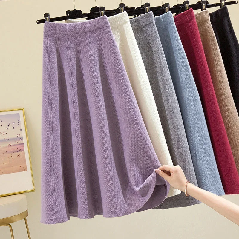 Autumn and Winter Wool Blend Long Knit Joker Skirt Thickening Warm Dobby Knitted Flared Long Skirts