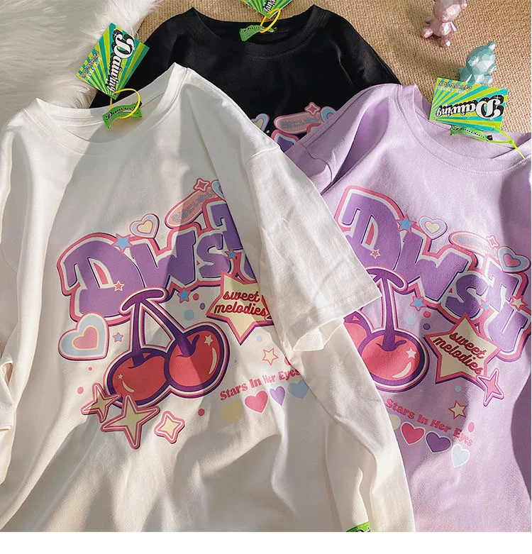 Maglietta da donna con stampa di frutta estiva del fumetto maglietta Harajuku Y2K maglietta da donna Casual allentata a maniche corte maglietta oversize carina