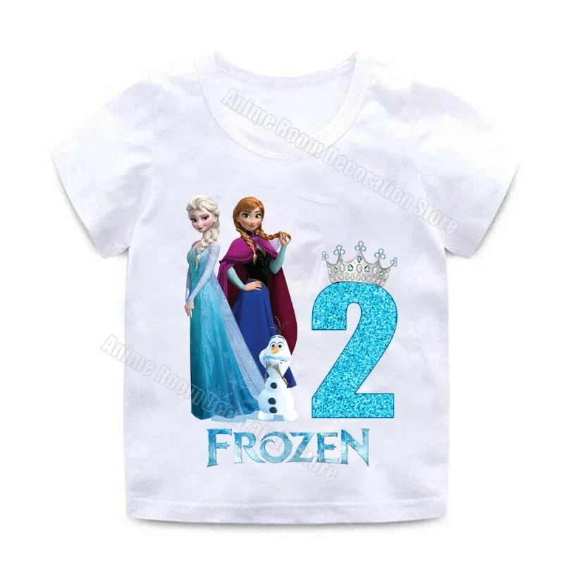 T-shirt Disney Frozen Princess per ragazza Compleanno Numero Tee Anna Elsa Cartoon Top in cotone Baby Shower Bomboniere Abiti estivi Regalo