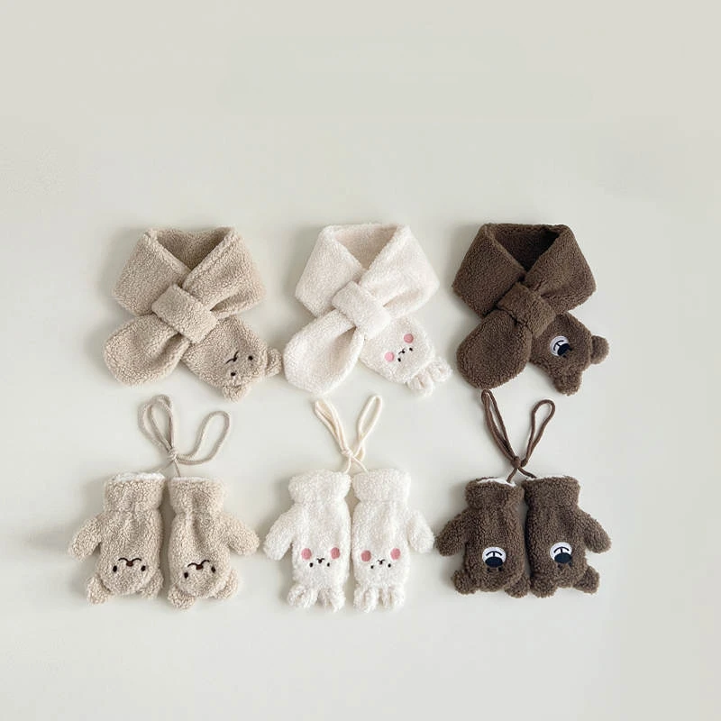 

Children Scarf Baby Thicken Plush Warm Gloves Cute Cartoon Bear Girls Boys with Rope Mittens Comfortable Kids Accessories 1-6Y