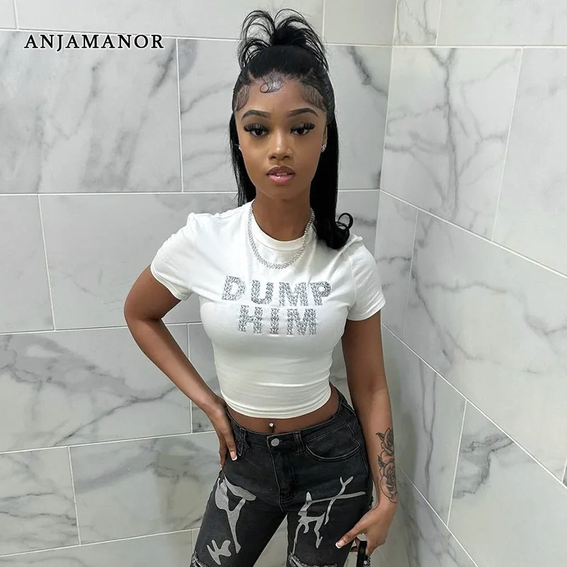 ANJAMANOR Letter Print Graphic Tee White Black Short Sleeve Crop Top Casual Fitted T Shirts Summer Clothes Women 2024 D85-AF10